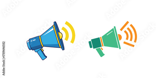 Loudspeaker Icons for Communication: Two vibrant loudspeaker icons, one blue, one green, emitting sound waves, symbolizing clear, amplified communication and announcements.