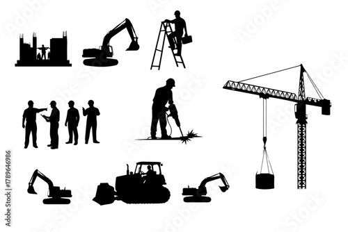 Black silhouette vectors showing people at work builder