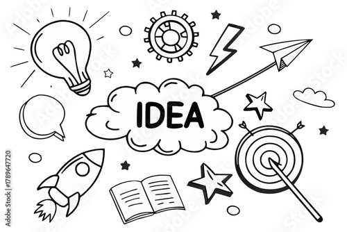 Hand-Drawn Idea Concept Illustration with Creative Symbols and Doodles