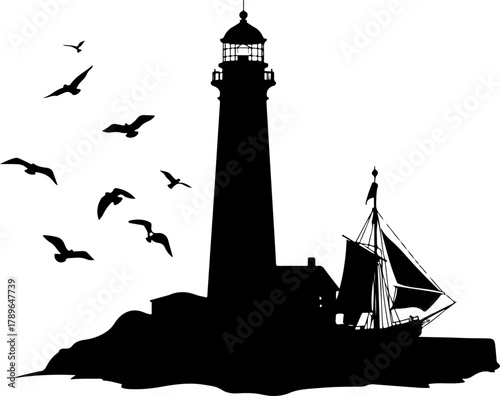 lighthouse silhouette vector illustration, lighthouse, tower, sea, sky, light, architecture, sunset, building, silhouette, beacon, water, vector, illustration, ocean, coast, navigation, house, landsca