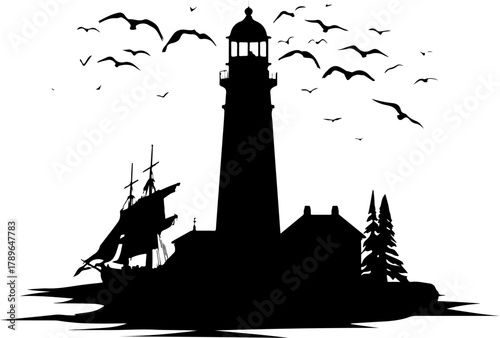 lighthouse silhouette vector illustration, lighthouse, tower, sea, sky, light, architecture, sunset, building, silhouette, beacon, water, vector, illustration, ocean, coast, navigation, house, landsca