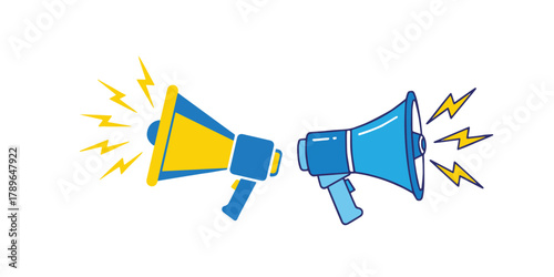 Loudspeaker Communication: Two cartoon loudspeakers, one with yellow and the other with blue, are positioned against each other, highlighting the concept of communication and broadcast. 