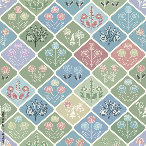 Seamless floral pattern with stylized flowers in diamond grid muted pastel palette folk art retro style