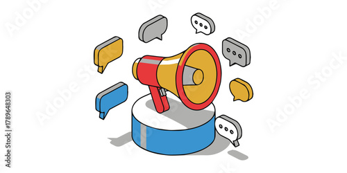 Megaphone Announcement: A vibrant cartoon megaphone blasts out an important announcement, surrounded by a chorus of speech bubbles.
