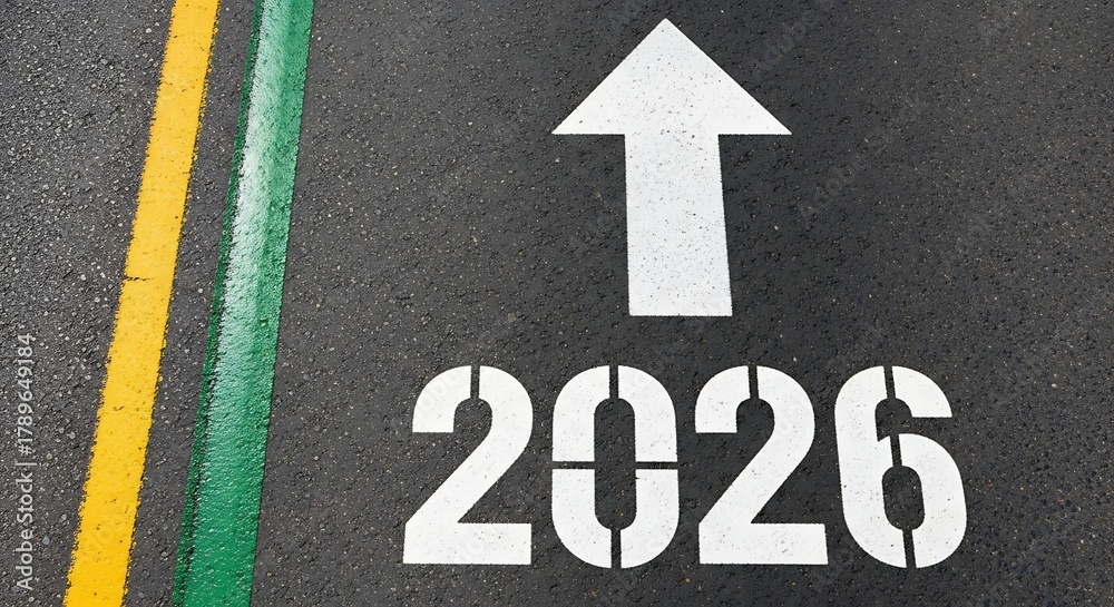 Obraz premium Forward movement into the year 2026 marked on asphalt pavement with a clear white arrow indicating direction and colorful parallel lines.