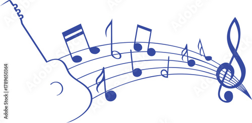 Blue music notes with treble clef and guitar outline, curved musical staff vector illustration symbolizing melody, rhythm, harmony, and sound art in minimal artistic design.