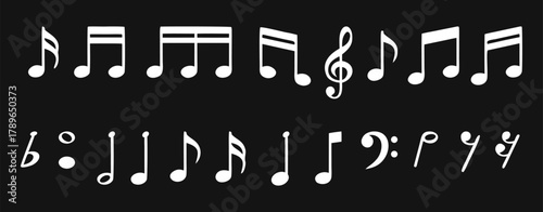 White music notes and symbols on black background, vector illustration of treble clef and rhythm signs, minimal contrast design for melody, sound, and music themed graphic decoration.