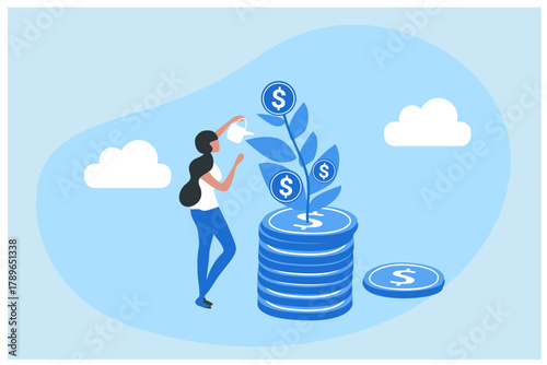 Financial profit concept. Woman watering plant with coins. financial literacy and passive income. Economy, investment and trading 