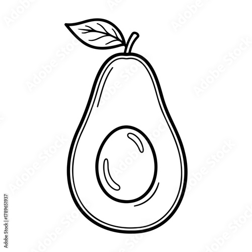 Vector illustration of a halved avocado with a pit and a leaf on top in black and white outline