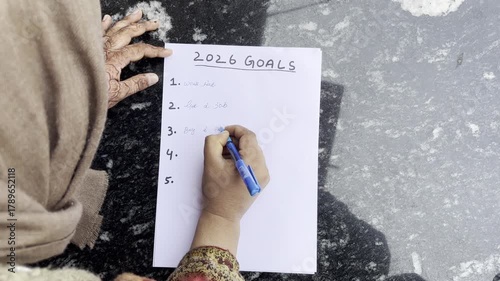 closeup footage of a little girl hands writing goals for year 2026. A little girl writing on note paper her goals and dreams in 2026 year.