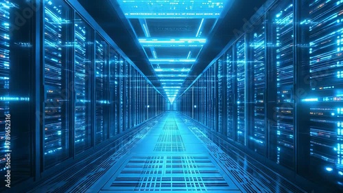 Server racks lining glowing data center hallway