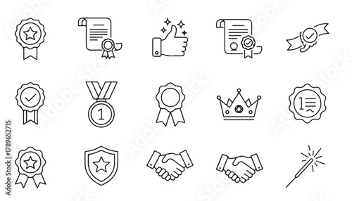 Award achievement quality and success line icons