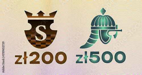 Vector set of Polish monetary symbols. Hologram collection. 200 and 500 zloty denominations. Shield, crown and helmet of ancient warrior. Poland and finance