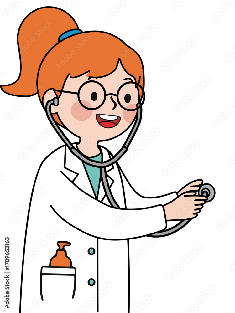Fototapeta premium Woman doctor with a stethoscope. Pediatrician in a white lab coat. Medical healthcare professional for child care.