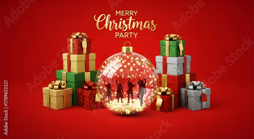 Merry christmas party scene with gift boxes and dancing silhouettes in ornament on red