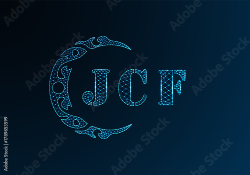 Low poly letter logo JCF design. JCF letter logo low poly vector design on blue color gradient background. JCF logo low poly design