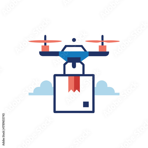 Drone delivering a package with clouds in the background Keywords: drone, delivery, package, box, cargo, shipping, logistics, aerial, unmanned