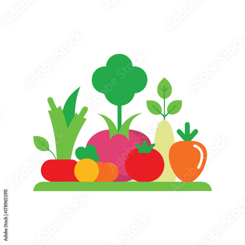 Flat Design Arrangement of Fresh Root Vegetables and Tomatoes Keywords: vegetable, food, healthy, organic, fresh, tomato, carrot, beetroot, leek