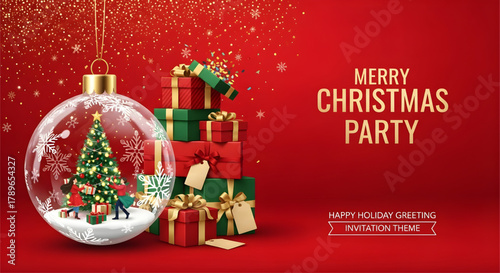 Illustration of christmas ornament with tree and gifts near stacked presents on red background