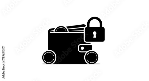 Black wallet with money and padlock a flat vector icon for secure finance isolated on white background