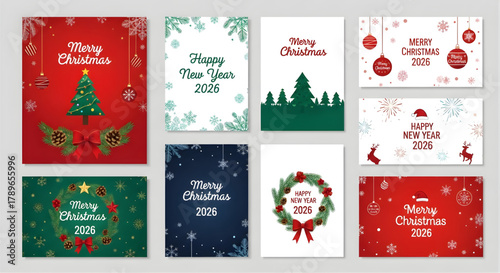 A collection of christmas and new year greeting cards with festive decorations shown