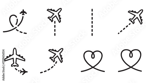Travel flight path icons set