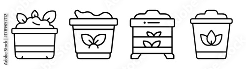 Eco-friendly plant cultivation, compost bin, potted sprout icons