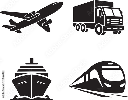 Transportation icons silhouette set truck train ship airplane vector illustration
