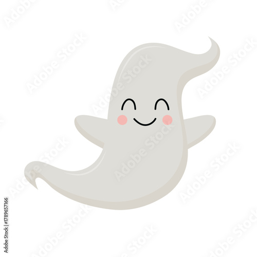 A cute, friendly white ghost character with rosy cheeks, smiling and waving