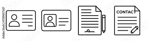 Identification and document line icons: contract, contact, user