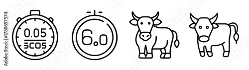 Diverse line art icons featuring stopwatch, timer, and two cows