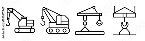 Crane icons set with various lifting machines and hooks for construction.