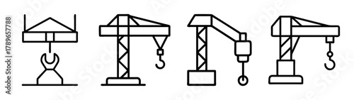 Construction cranes, lifting equipment, industrial line icons