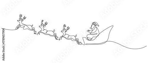 Continuous one line art drawing Christmas Santa clause and reindeer,1