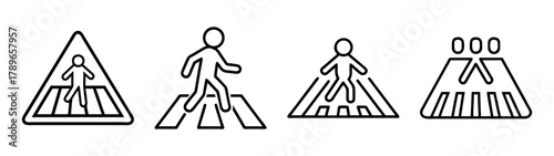 Pedestrian crosswalk road safety signs outline vector icon set