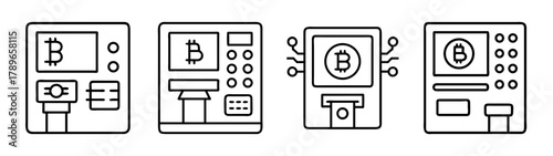 Bitcoin atm line icons set, cryptocurrency transaction machine