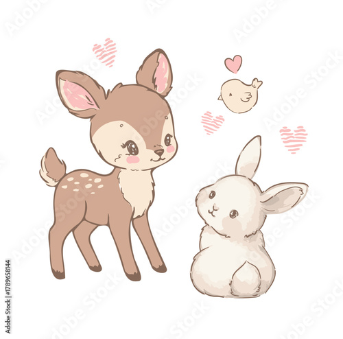 Hand Drawn Cute Deer and Bunny Vector Kids Print 