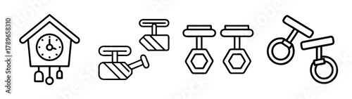 Cuckoo clock and various cufflink icons, time and fashion accessories