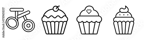 Tricycle and sweet cupcakes outline icons set on white background