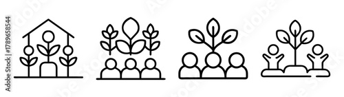 Sustainable growth, community, and green living line icons set