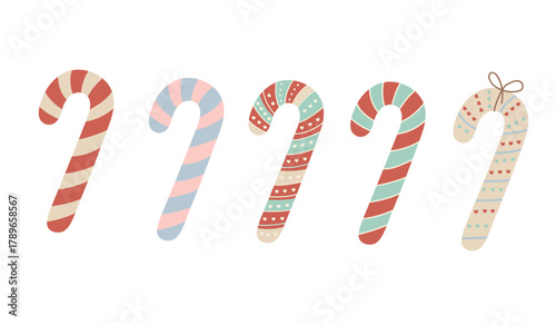 A cute vector set of five Christmas candy canes in modern pastel colors. Designs include stripes, hearts, and different patterns. Perfect for holiday sweets and winter designs