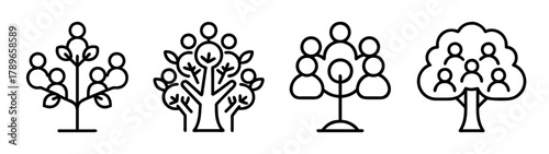 Family tree icons set representing connection, community, and growth.