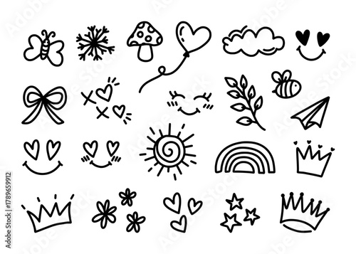 Set of cute kids' simple doodles. Hand drawn vector icons and elements like stars, hearts, and flowers for children's design and backgrounds. Cute weather doodles, emotional kawaii faces, etc.