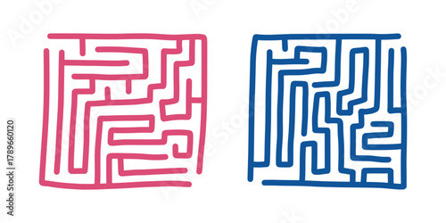 Hand drawn maze or labyrinth in pink and blue. Vector puzzle concept representing challenge, solution, problem solving, and complexity. Cute doodle kids maze.