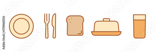 Set of minimalist breakfast icons with transparent background, depicting meal elements, food service symbols, morning cuisine UI, and dining essentials, vector illustration 