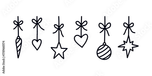 Set of hand drawn Christmas doodles - stars, tree ornaments and hearts hanging from lines with ribbon bow. Simple, cute, whimsical and festive vector elements for holiday decoration.