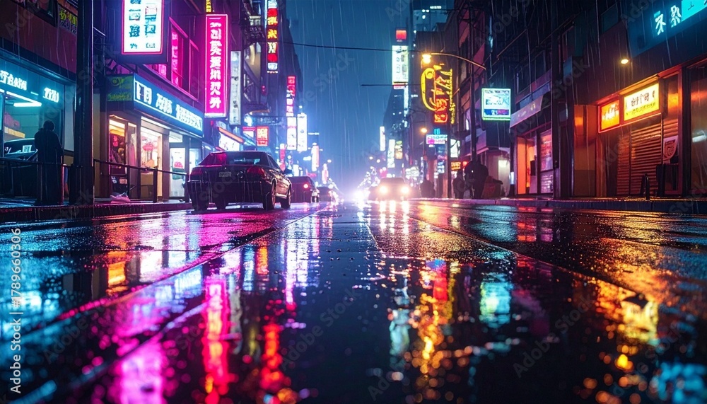 Fototapeta premium Wet Urban Street at Night with Neon Lights and Reflections in East Asian City
