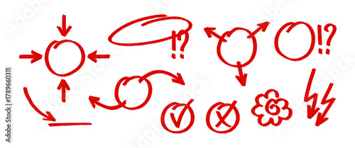 Set of hand drawn red exam marks. Includes check marks, cross marks, and grading symbols. Simple, vector elements for educational feedback and evaluation design. Grade exam marks circle with arrows.