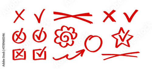 Set hand drawn red grade exam marks. Includes check marks, cross marks, and grading symbols, hanamaru signs. Simple, vector elements for educational feedback and evaluation design.