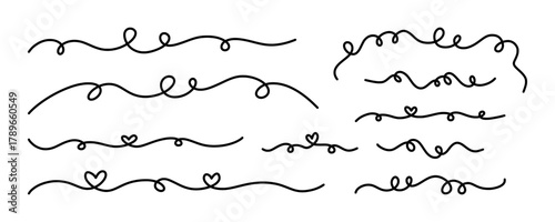 Set of hand drawn hearts defined by squiggle lines. Cute, whimsical, and romantic vector elements for love, Valentine's Day, and decorative design. Set romantic hand drawn squiggle lines with hearts.